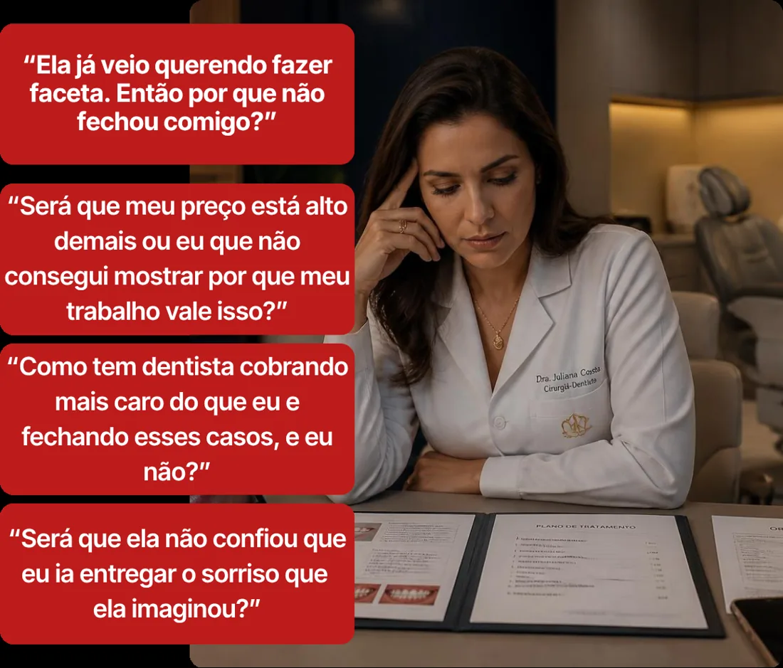 Dentista pensativa revendo o plano de tratamento, cercada por pensamentos sobre casos de facetas que não fecharam