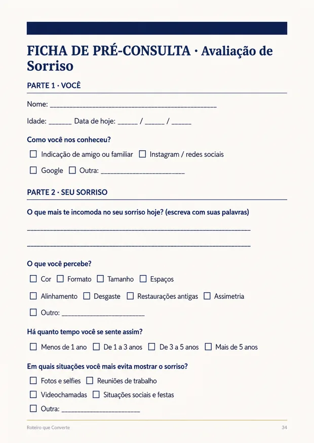 Início da Ficha de Pré-Consulta para avaliação de sorriso