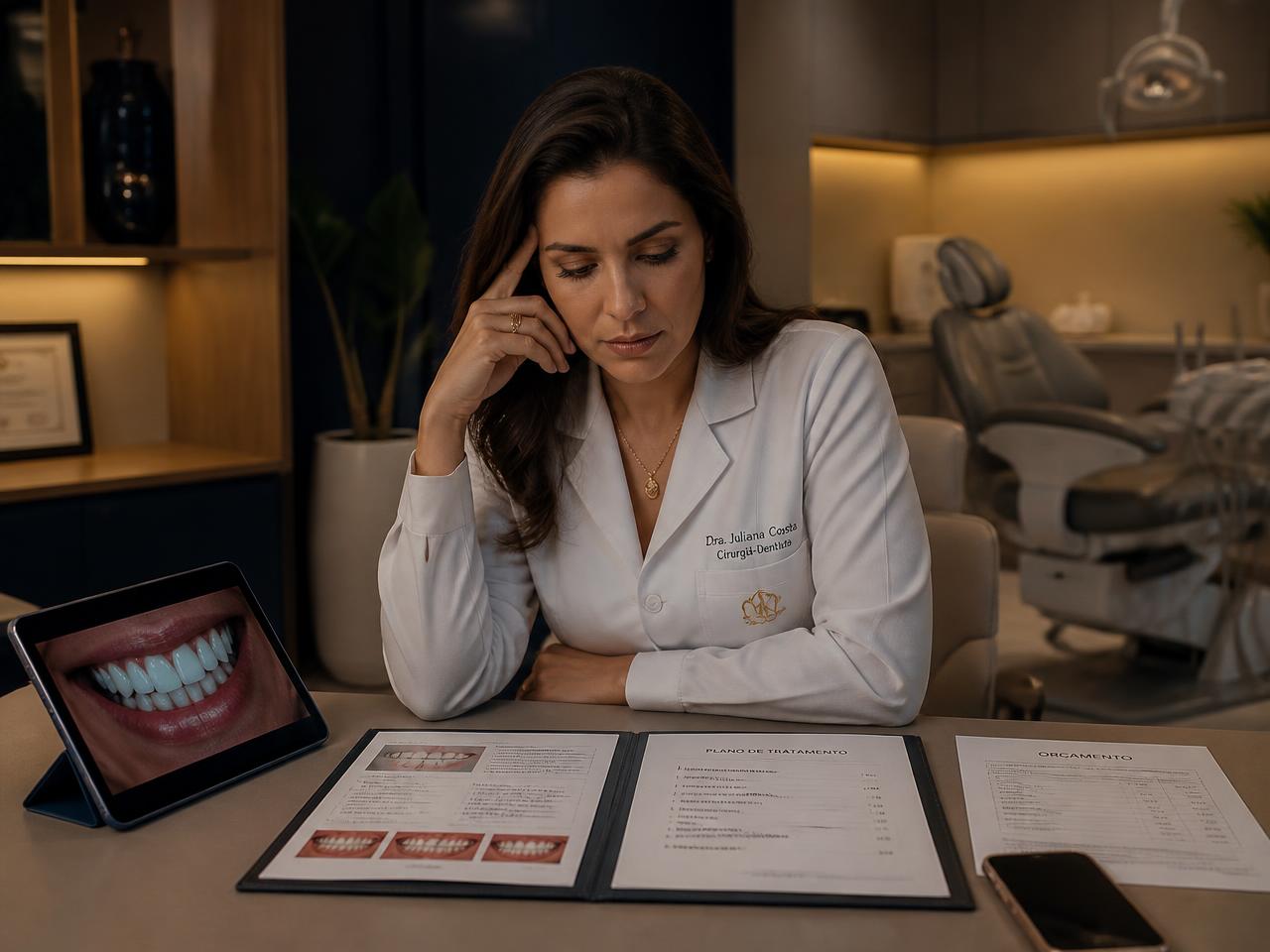 Dentista sozinha no consultório revendo o planejamento depois que a paciente saiu